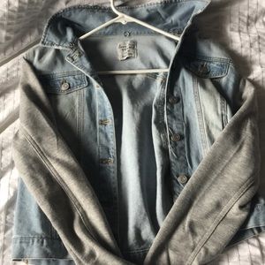 denim jacket with grey sleeves